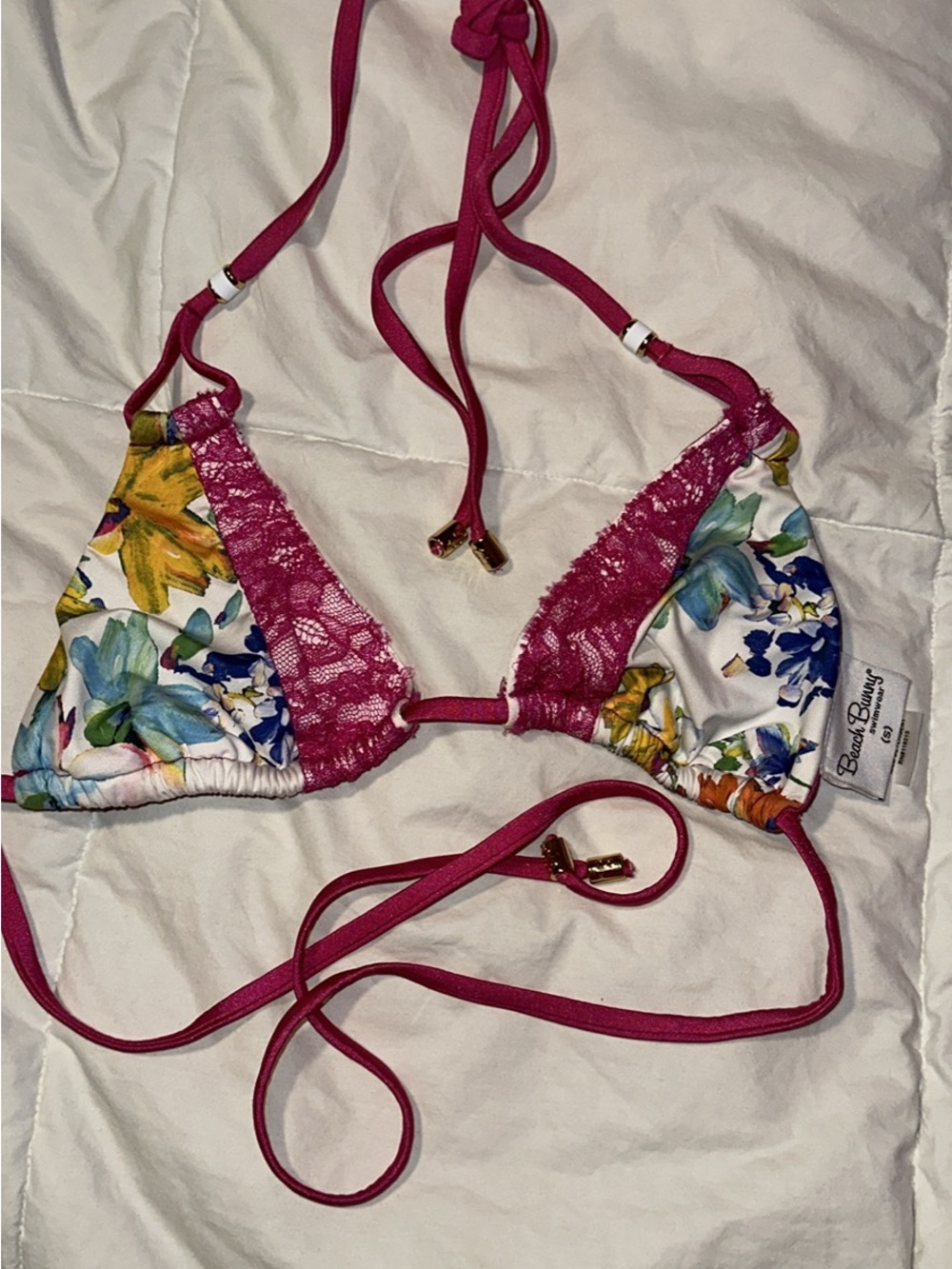 Beach Bunny Floral Triangle Bikini Top with Fuchsia Lace Trim
